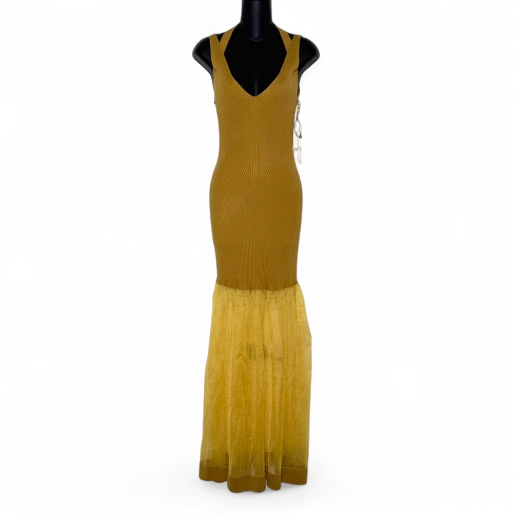 Anthropologie Glam Sheer Panel Ribbed Maxi Sweater Gold Dress NWT M Formal - Picture 6 of 10